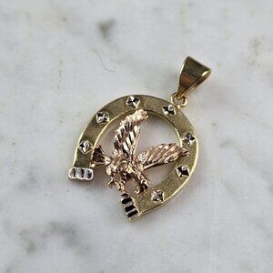 Womens Vintage Estate 14k Mixed Gold Horseshoe Eagle Pendant 3.8g E6569
